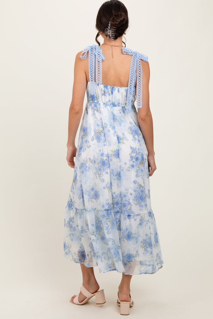 Blue Floral Chiffon Overlay Lace Shoulder Tie Midi Dress