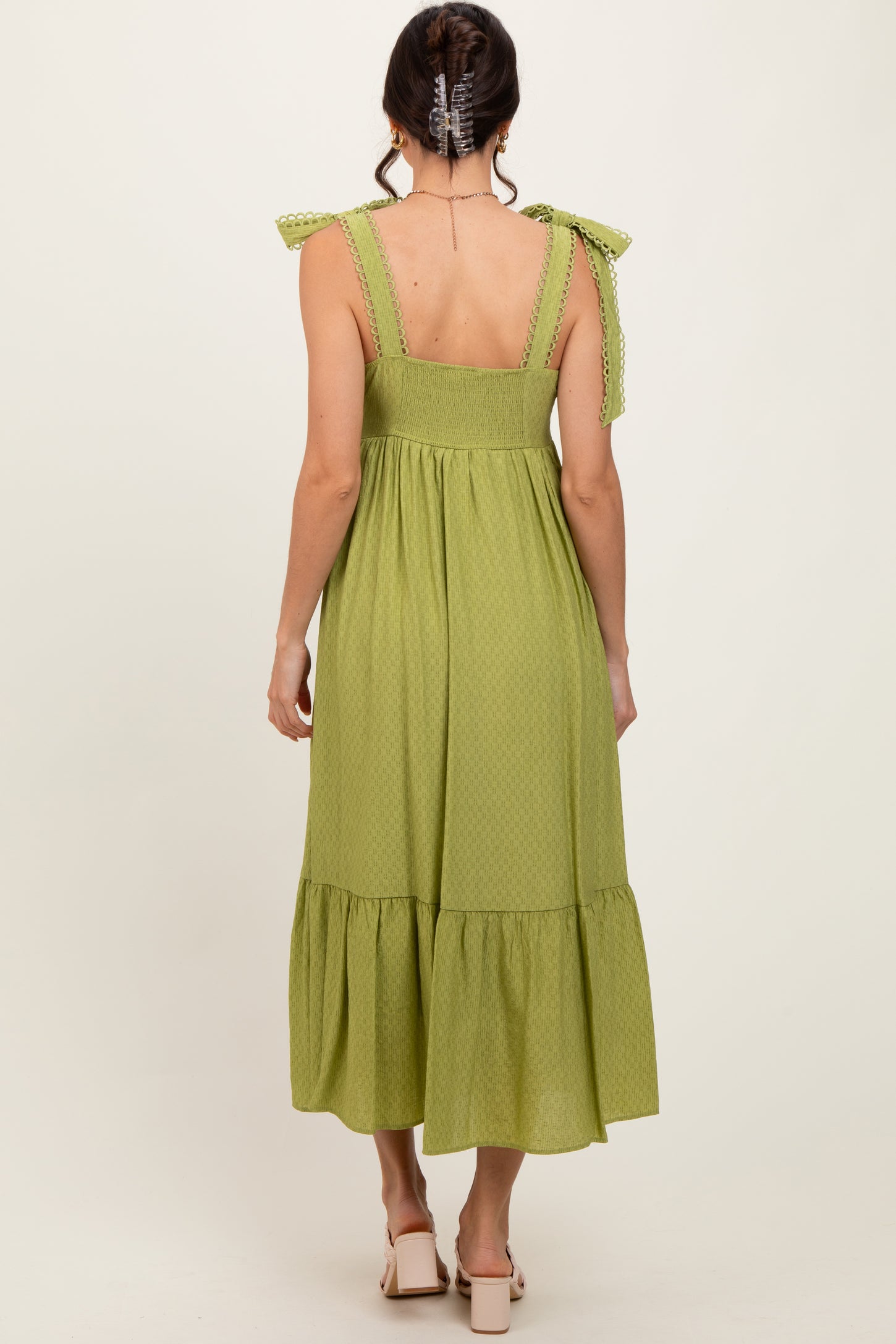 Light Olive Scallop Trim Shoulder Tie Midi Dress