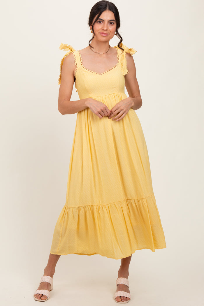 Yellow Scallop Trim Shoulder Tie Midi Dress