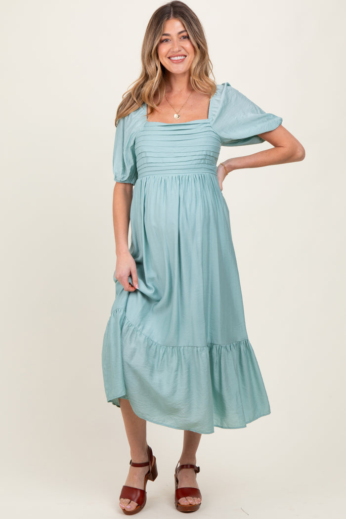 Light Olive Pleated Bodice Puff Sleeve Maternity Midi Dress