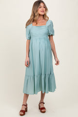 Light Olive Pleated Bodice Puff Sleeve Maternity Midi Dress