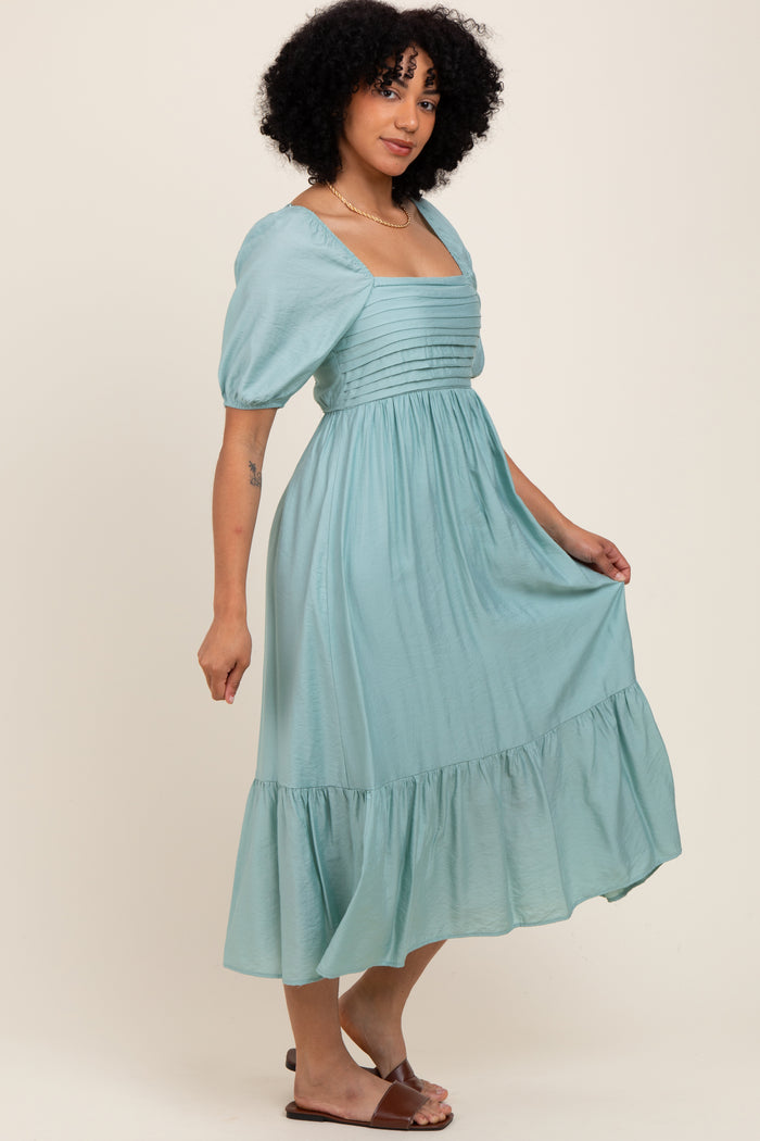 Light Olive Pleated Bodice Puff Sleeve Midi Dress