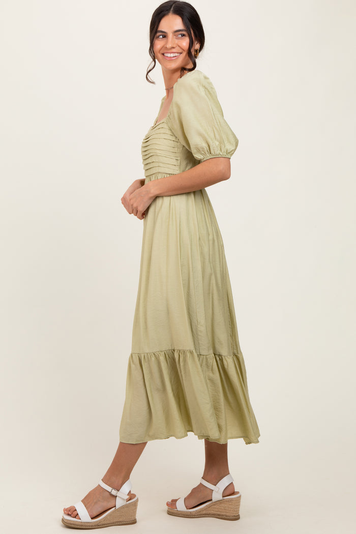 Mint Pleated Bodice Puff Sleeve Midi Dress