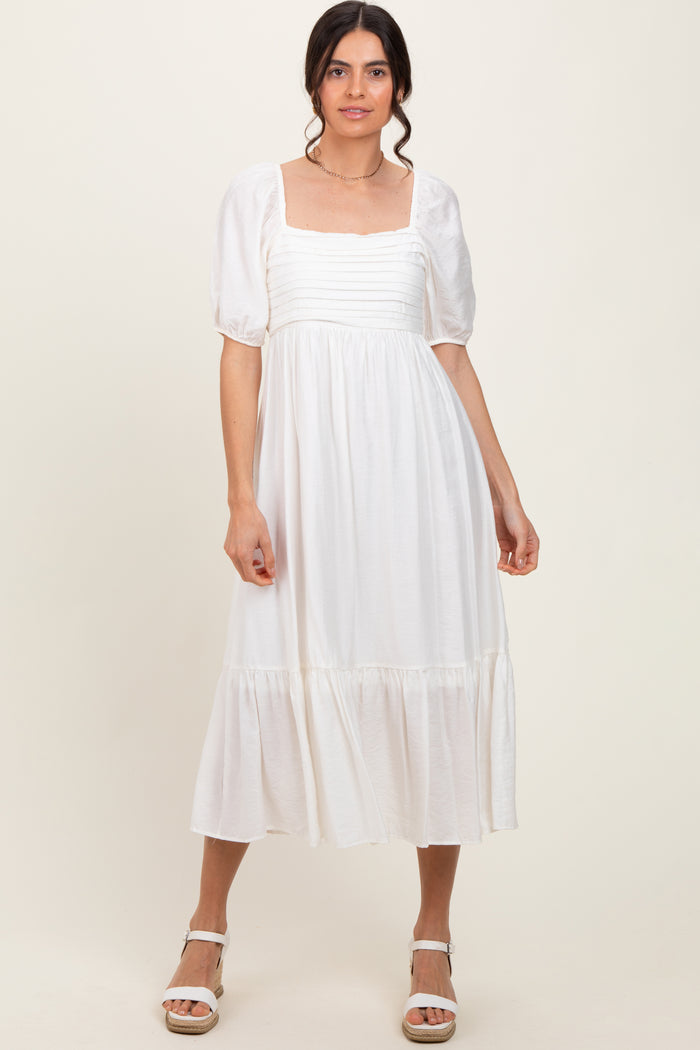 White Pleated Bodice Puff Sleeve Maternity Midi Dress