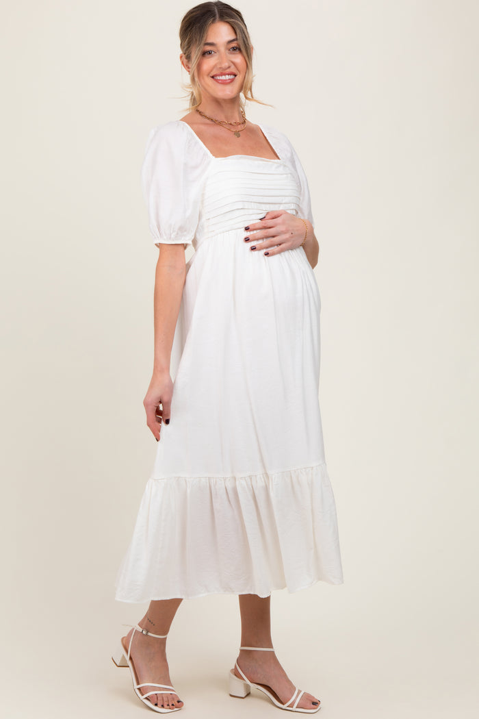 White Pleated Bodice Puff Sleeve Maternity Midi Dress
