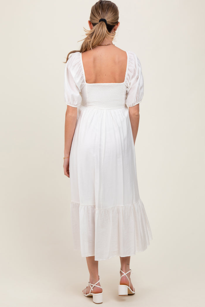 White Pleated Bodice Puff Sleeve Maternity Midi Dress