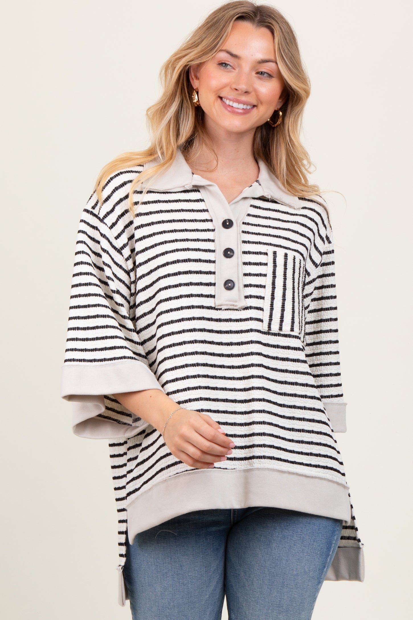 Cream/Black Stripe Button Down Maternity Tunic Top