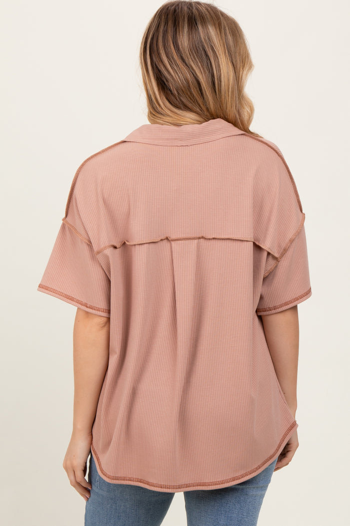 Beige Solid Ribbed Collar V-Neck Tunic Top