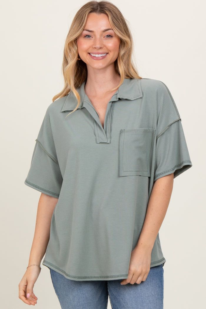 Olive Solid Ribbed Collar V-Neck Maternity Tunic Top