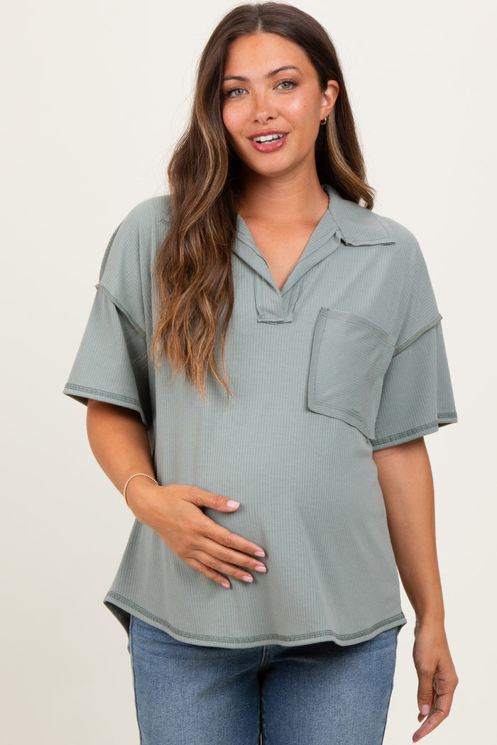 Olive Solid Ribbed Collar V-Neck Maternity Tunic Top