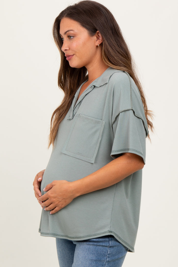 Olive Solid Ribbed Collar V-Neck Maternity Tunic Top