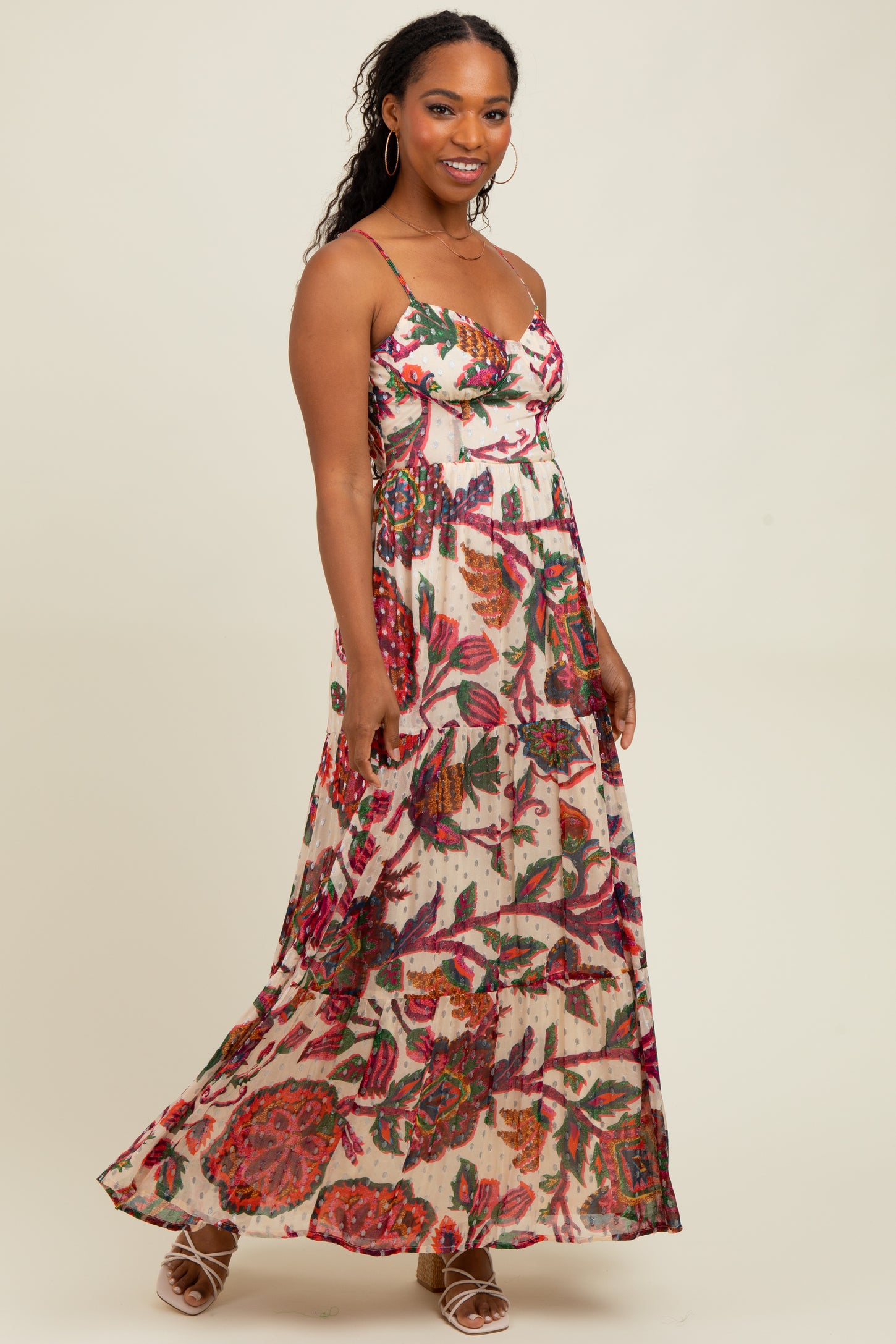 Cream Floral Back Cutout Tie Back Maxi Dress