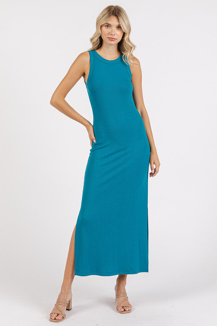 Teal Ribbed Maternity Side Slit Tank Dress