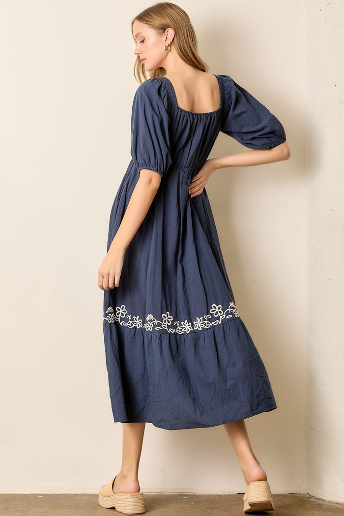 Navy Embroidered Floral Square Neck Maxi Dress