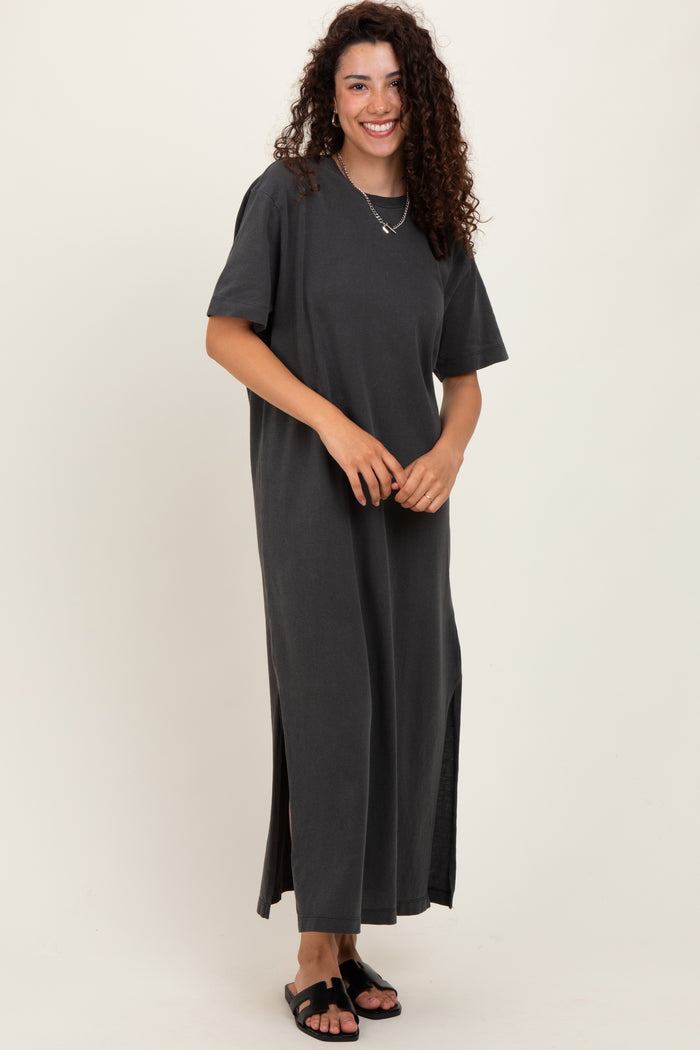 Black Short Sleeve Knit T-Shirt Maxi Dress