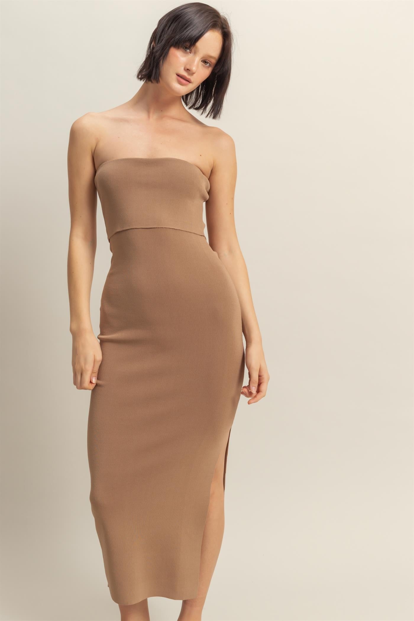 Taupe Strapless Fitted Maternity Maxi Dress