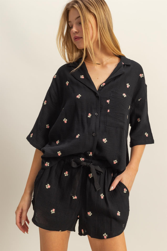 Black Floral Embroidered Top And Shorts Set