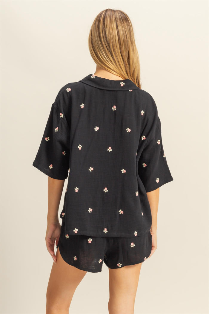 Black Floral Embroidered Top And Shorts Set
