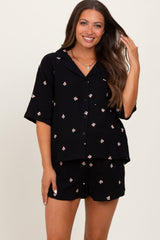Black Floral Embroidered Top And Shorts Maternity Set