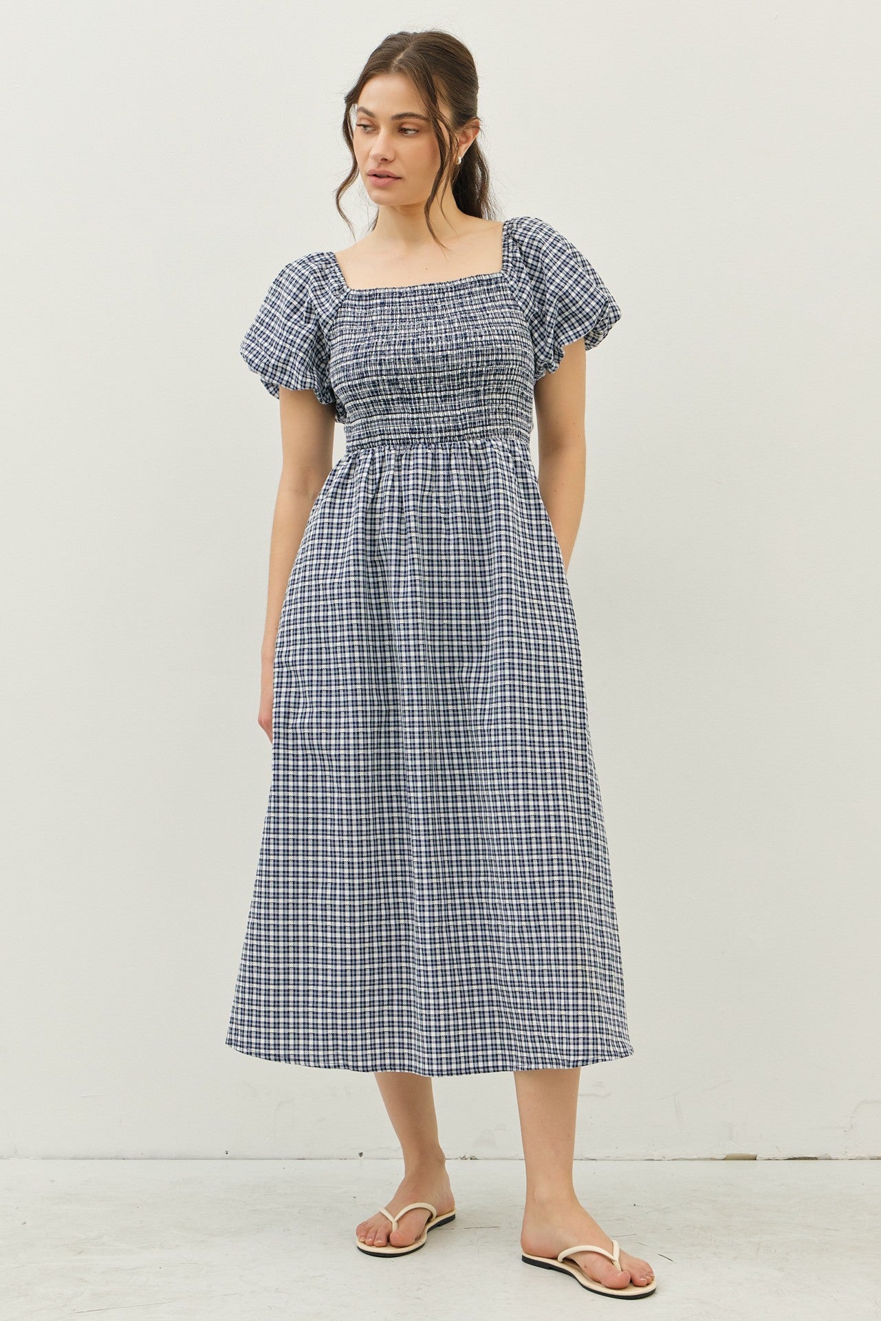 Navy Textured Plaid Pen Back Midi Dress