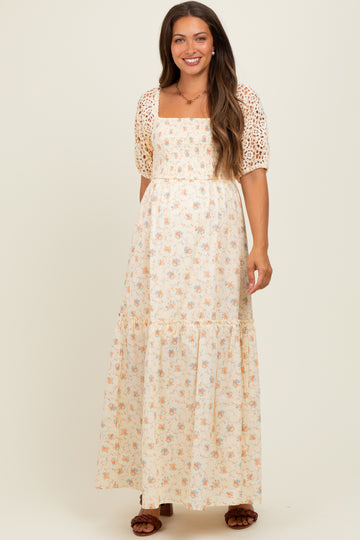 Beige Floral Print Smocked Crochet Tiered Maternity Maxi Dress