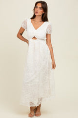 Cream Embroidered Lace Cutout Midi Dress