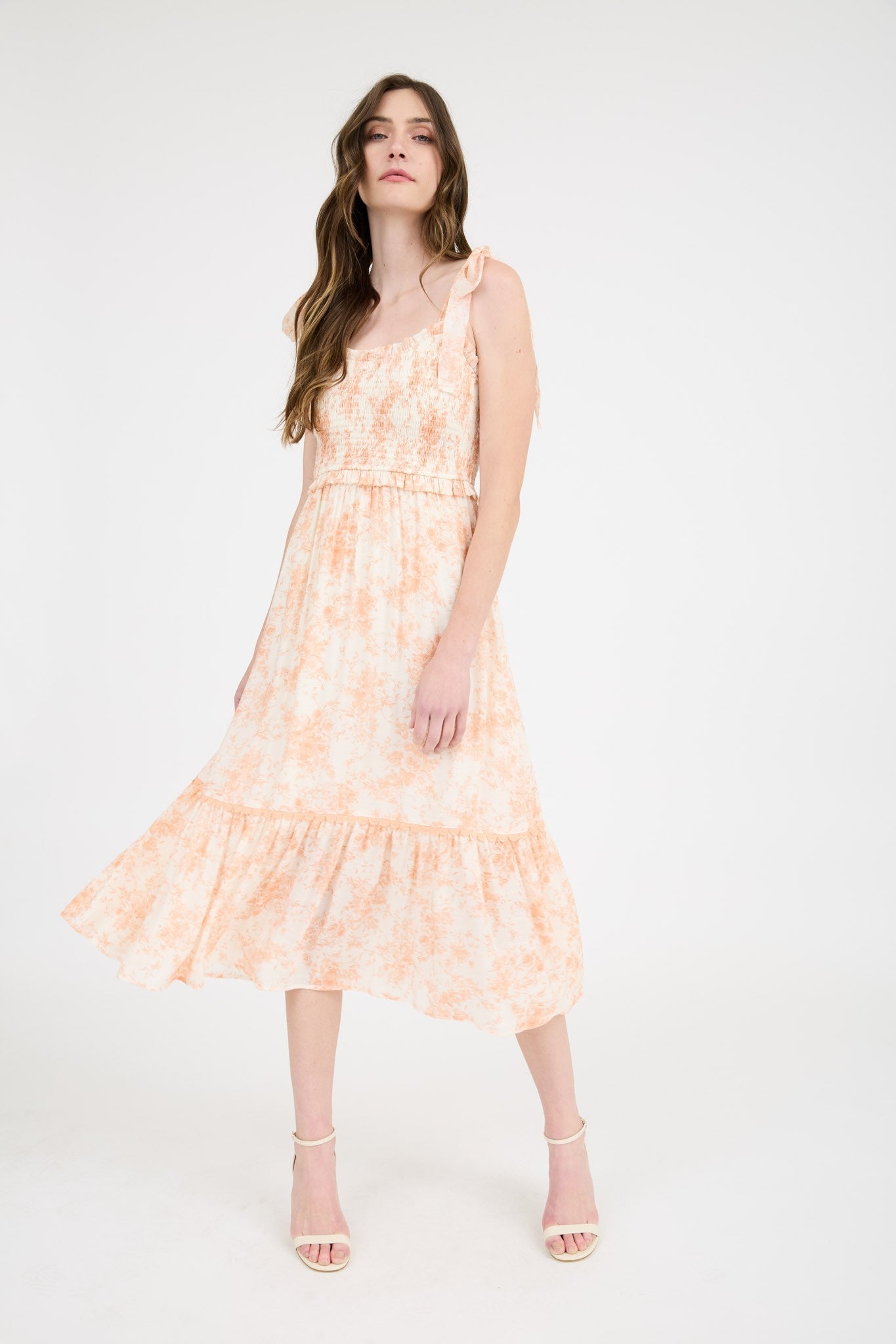 Peach Floral Smocked Shoulder Tie Maternity Midi Dress