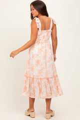 Peach Floral Smocked Shoulder Tie Maternity Midi Dress