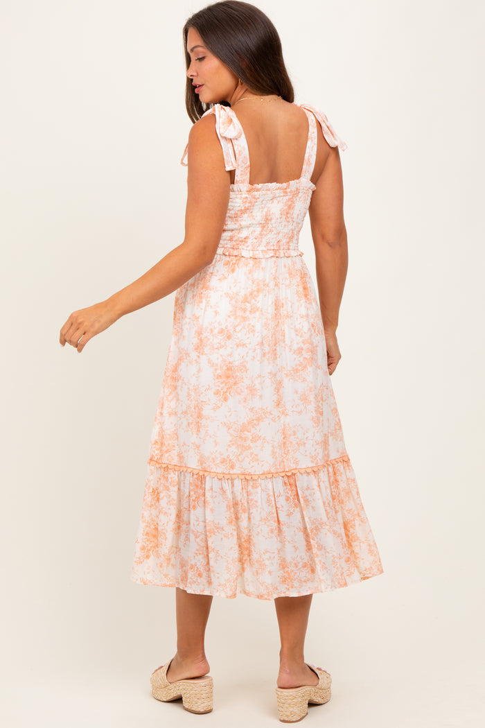 Peach Floral Smocked Shoulder Tie Maternity Midi Dress