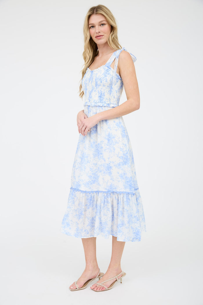 Light Blue Floral Smocked Shoulder Tie Midi Dress