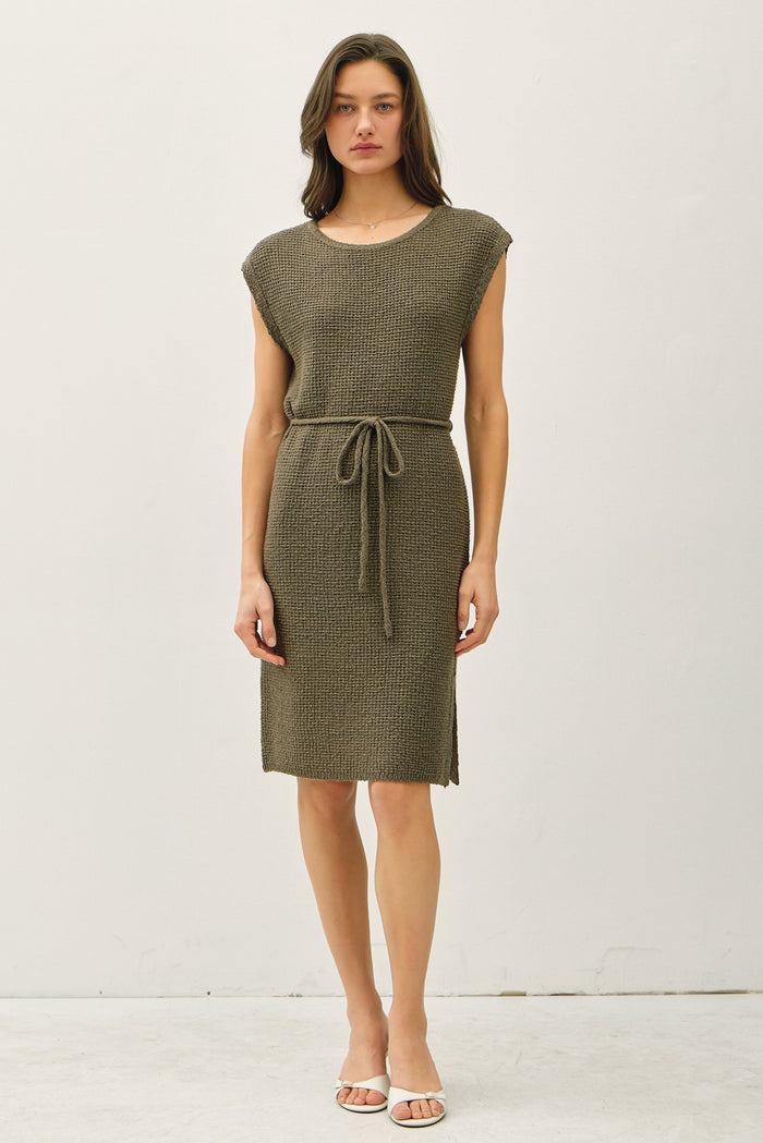 Olive Waffle Knit Sash Tie Short Sleeve Maternity Dress
