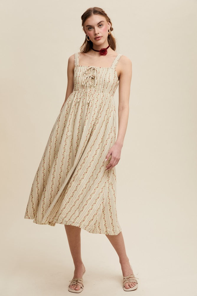 Light Olive Floral Embroidered Striped Maternity Midi Dress