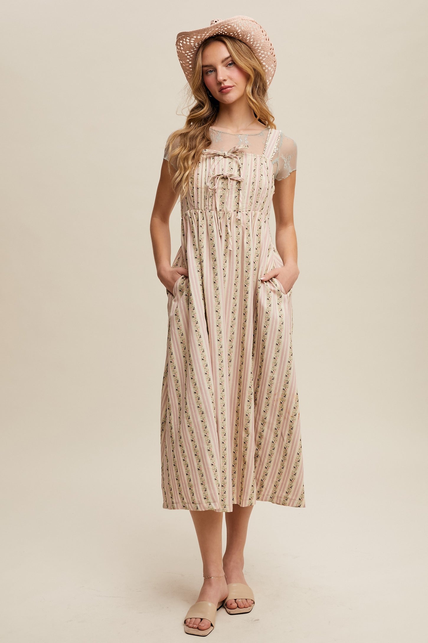 Pink Floral Embroidered Striped Midi Dress