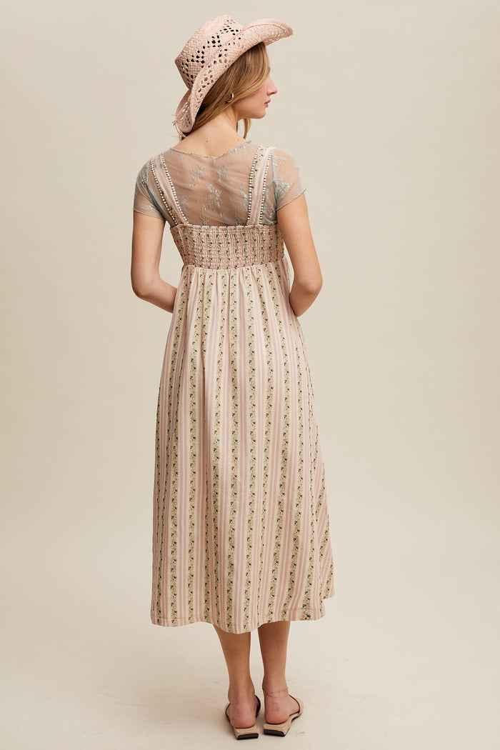 Pink Floral Embroidered Striped Midi Dress