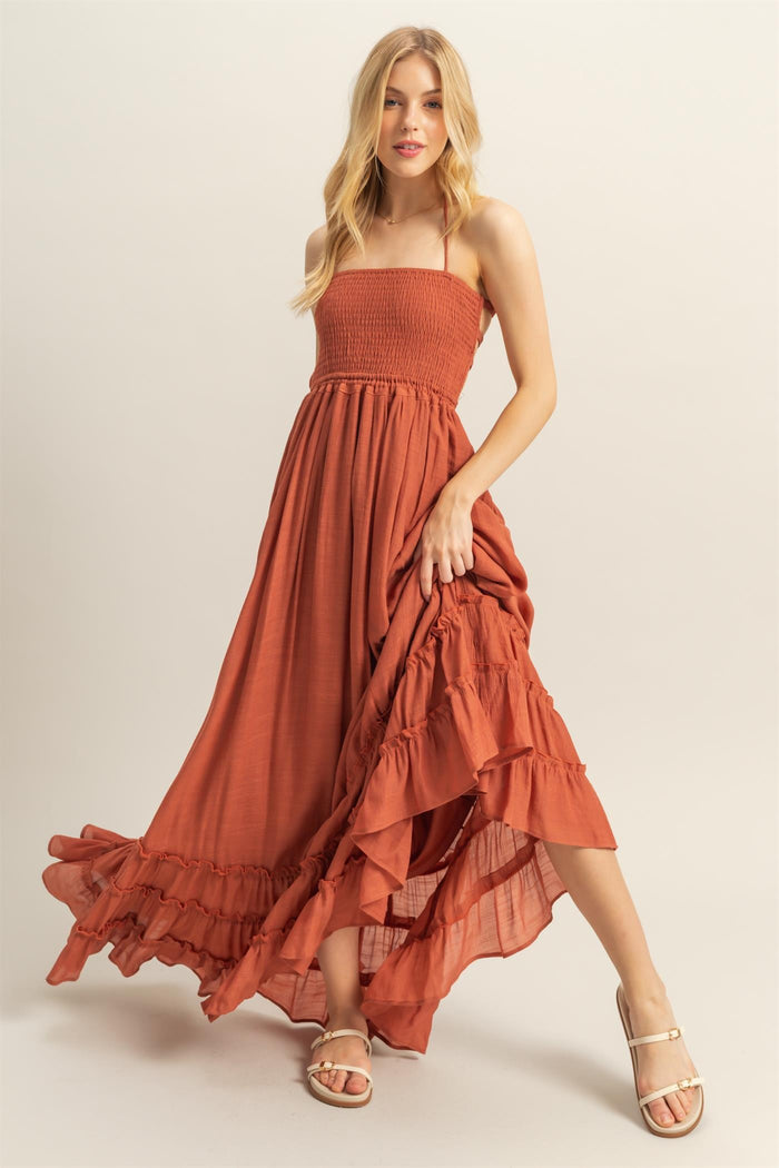 Rust Halter Neck Smocked Tiered Hem Maxi Dress