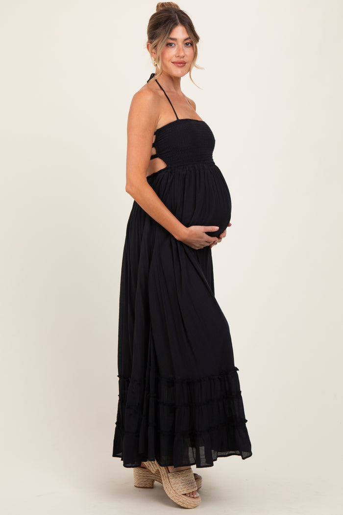 Black Halter Neck Smocked Tiered Hem Maternity Maxi Dress