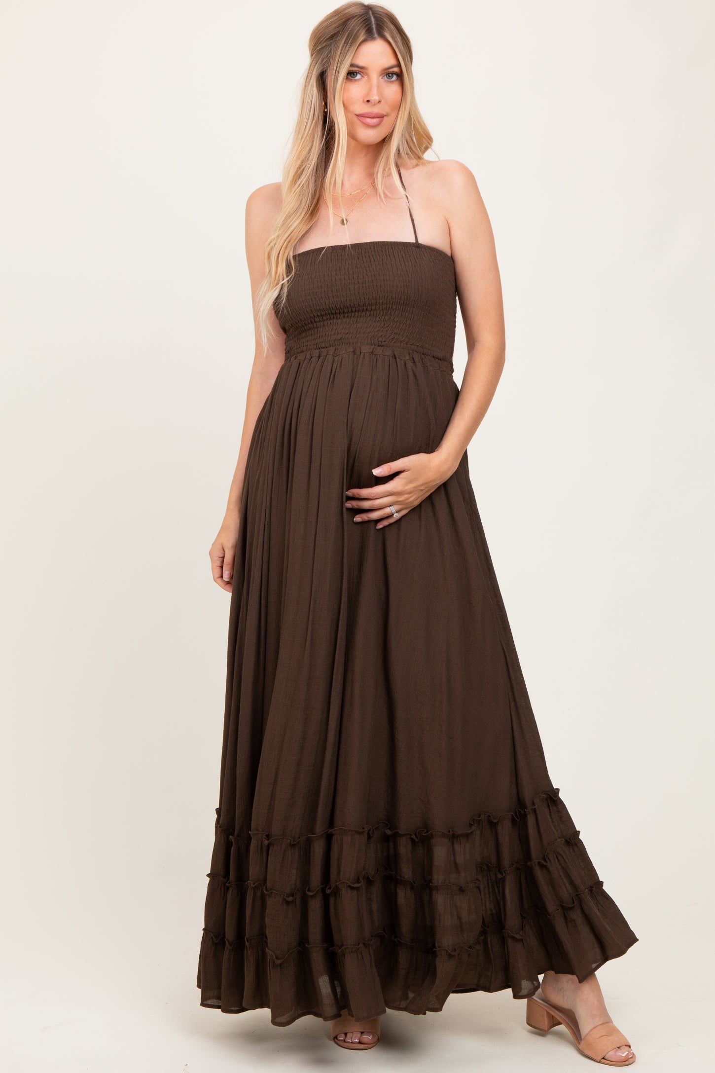 Brown Halter Neck Smocked Tiered Hem Maternity Maxi Dress