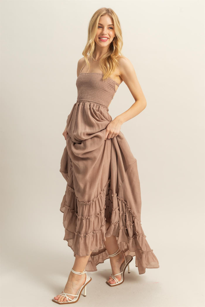 Taupe Halter Neck Smocked Tiered Hem Maxi Dress