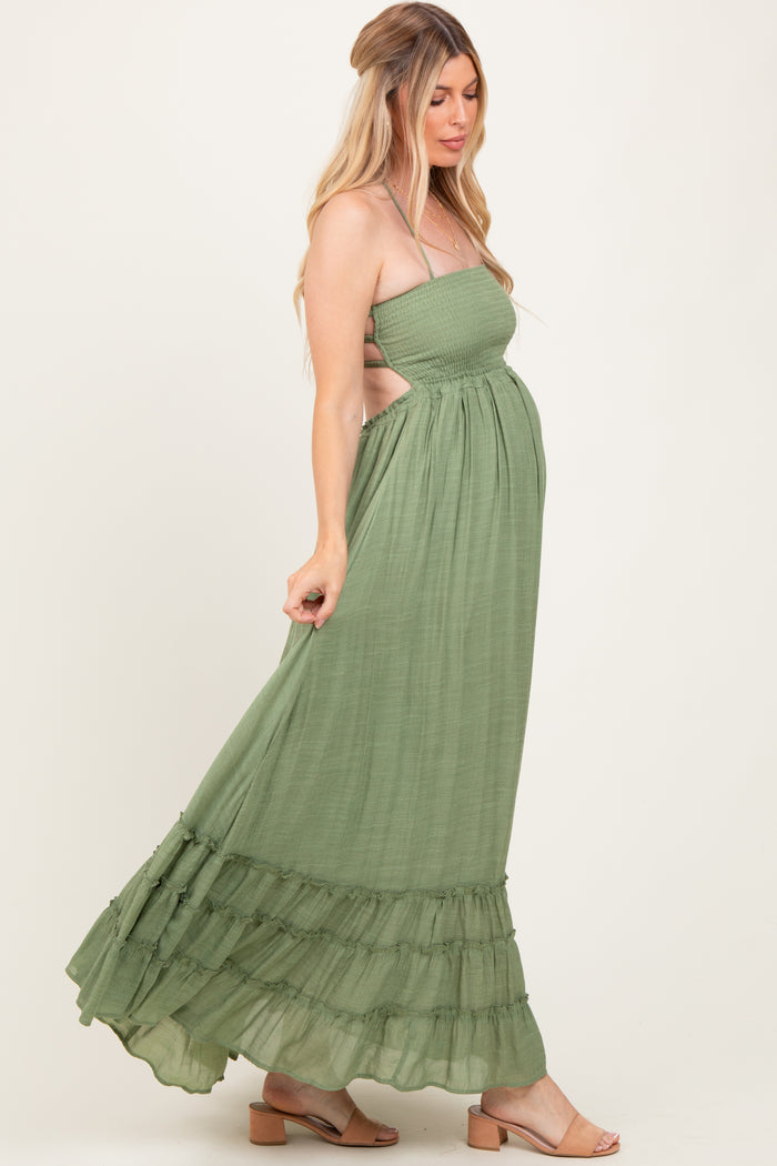 Light Olive Halter Neck Smocked Tiered Hem Maternity Maxi Dress