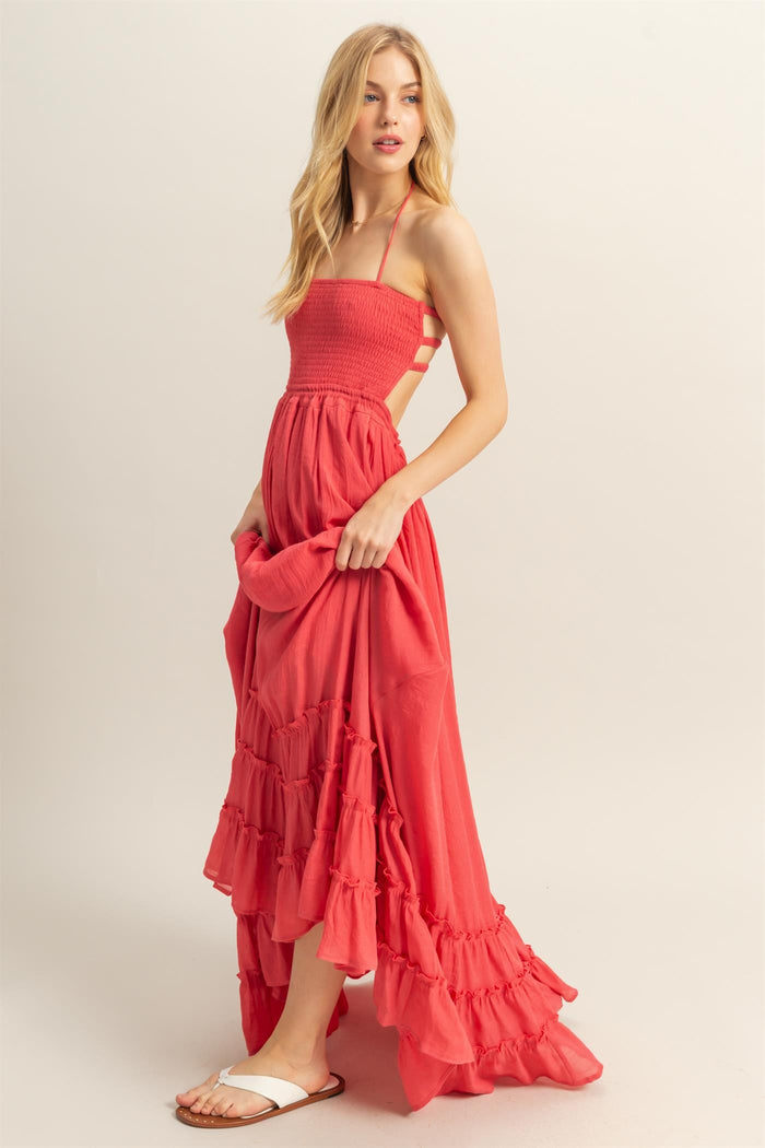 Coral Halter Neck Smocked Tiered Hem Maxi Dress