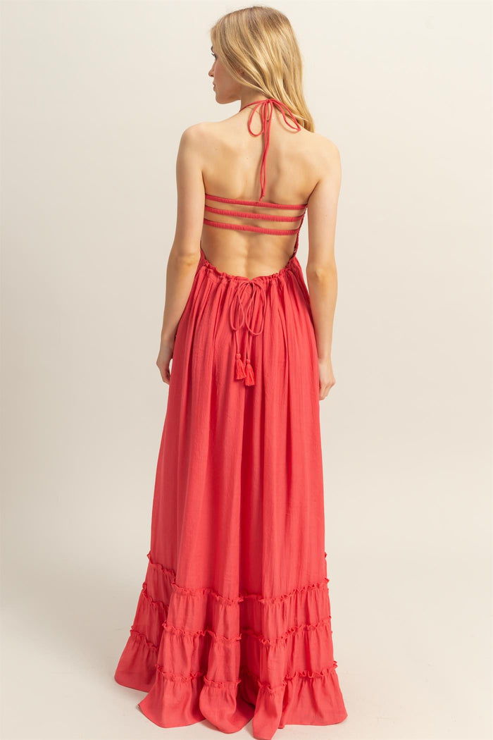 Coral Halter Neck Smocked Tiered Hem Maxi Dress