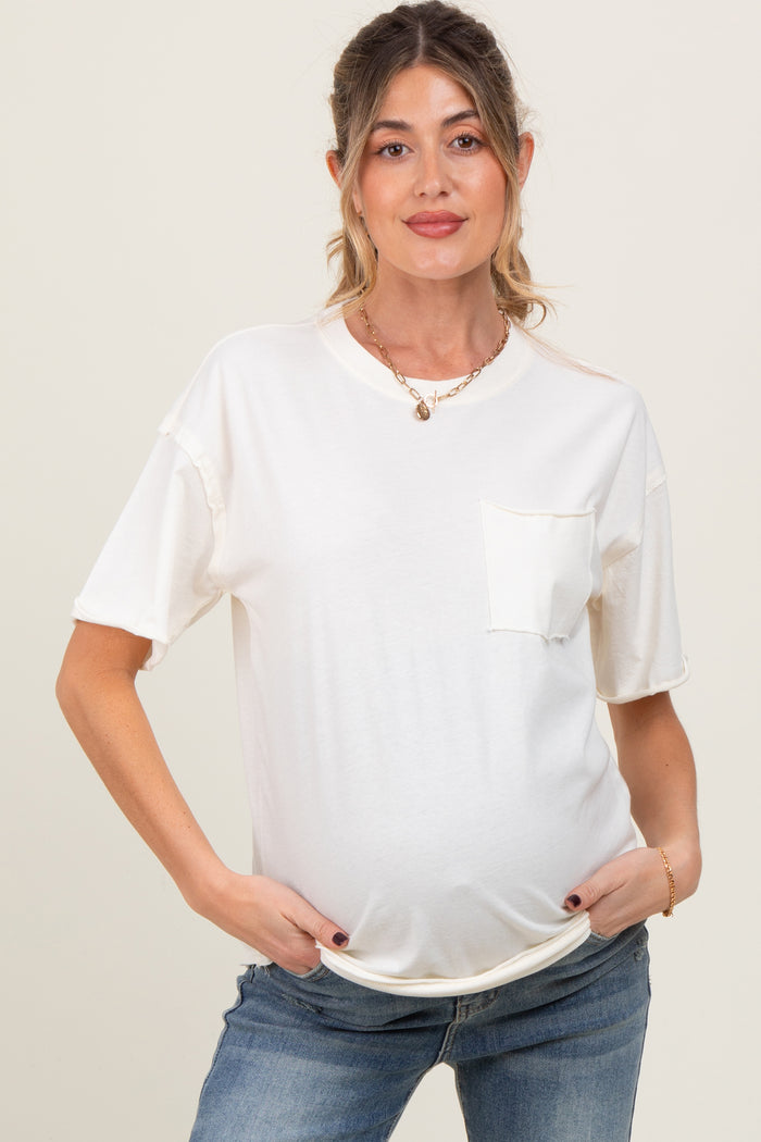 Ivory Short Sleeve Front Pocket Tunic Maternity Top