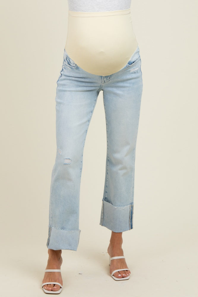 Light Blue Distressed Cropped Cuffed Maternity Straight Leg Jeans