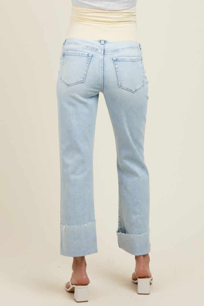 Light Blue Distressed Cropped Cuffed Maternity Straight Leg Jeans