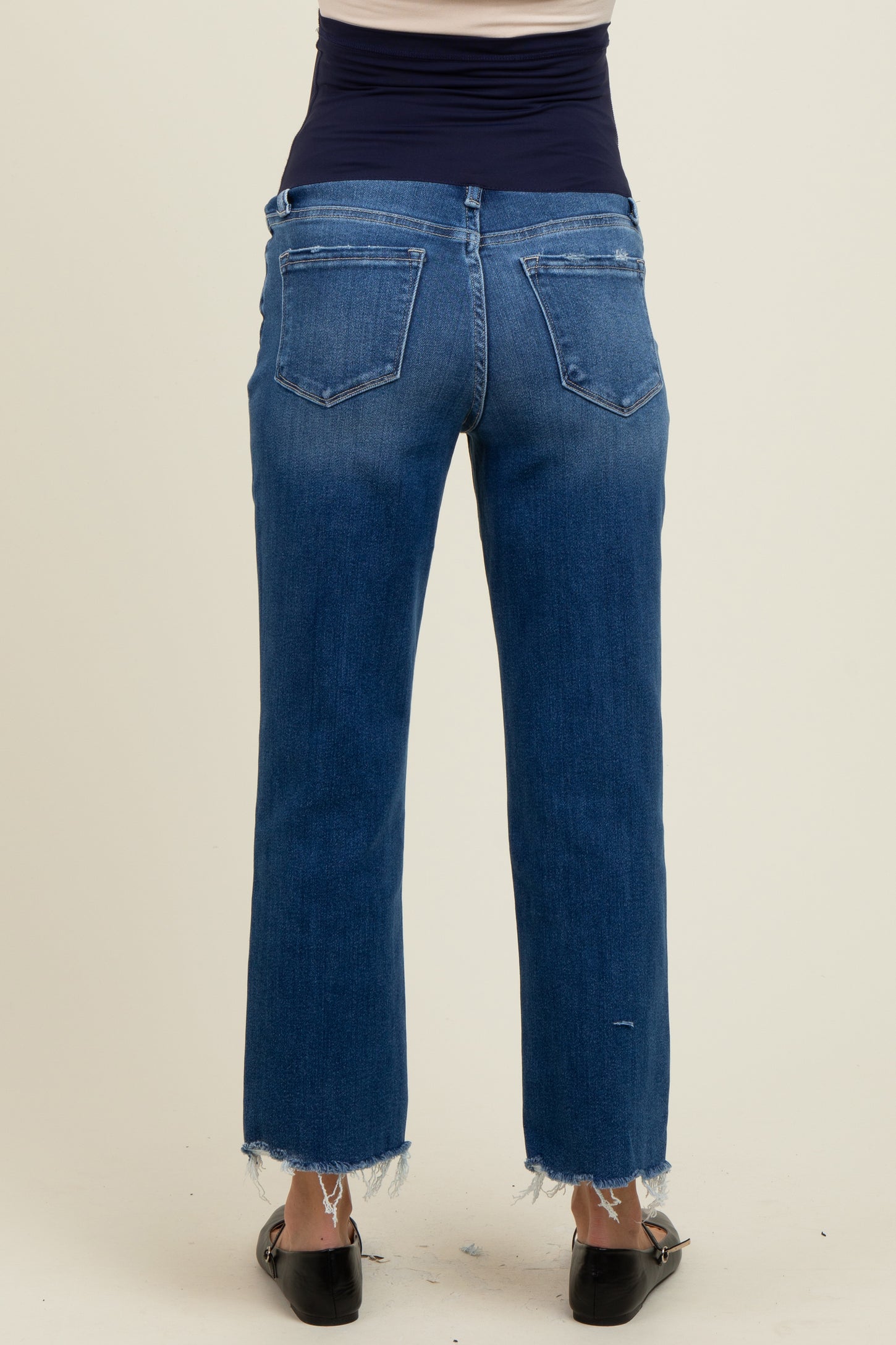Navy Distressed Open Knee Cropped Straight Leg Maternity Jeans