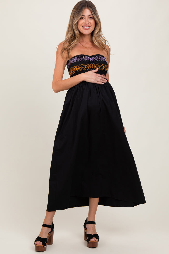 Black Embroidered Strapless Smocked Bodice Flared Maternity Midi Dress