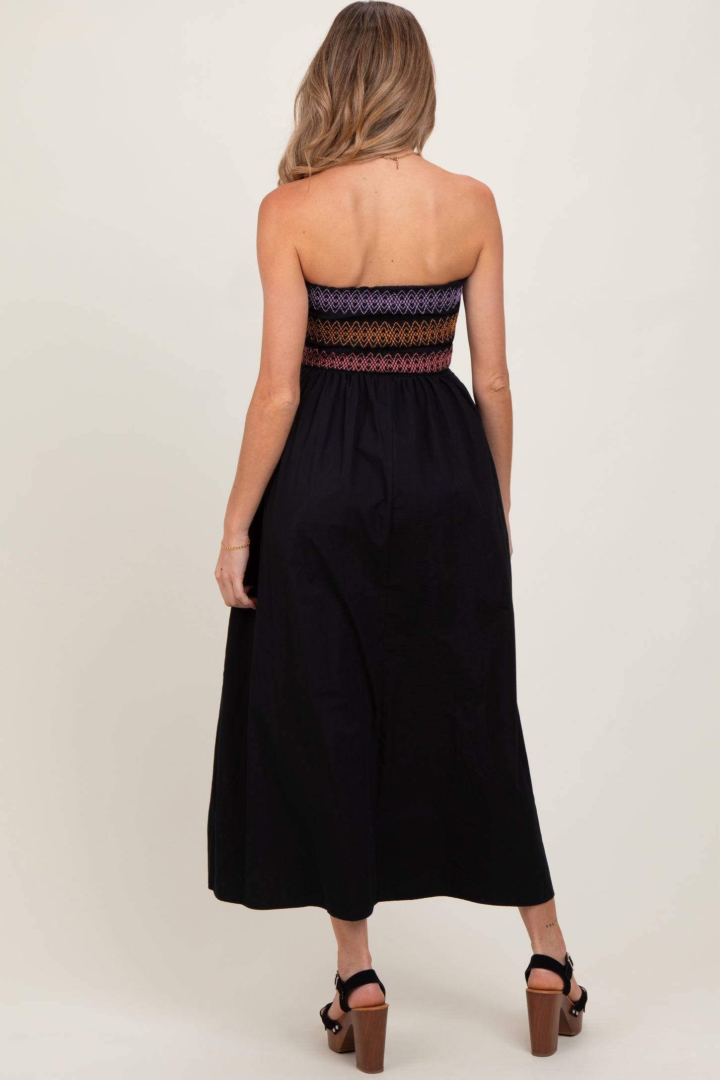 Black Embroidered Strapless Smocked Bodice Flared Maternity Midi Dress