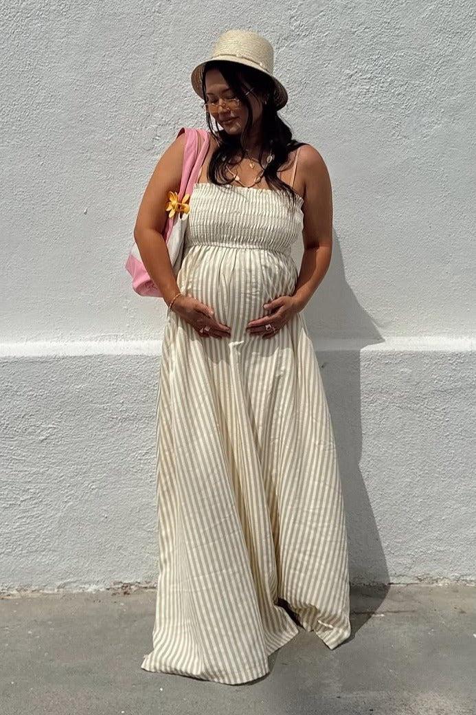 Beige Striped Sleeveless Smocked Poplin Maternity Maxi Dress
