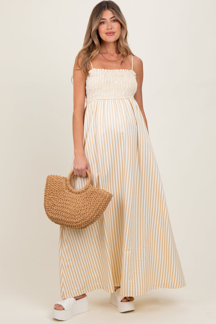 Beige Striped Sleeveless Smocked Poplin Maternity Maxi Dress