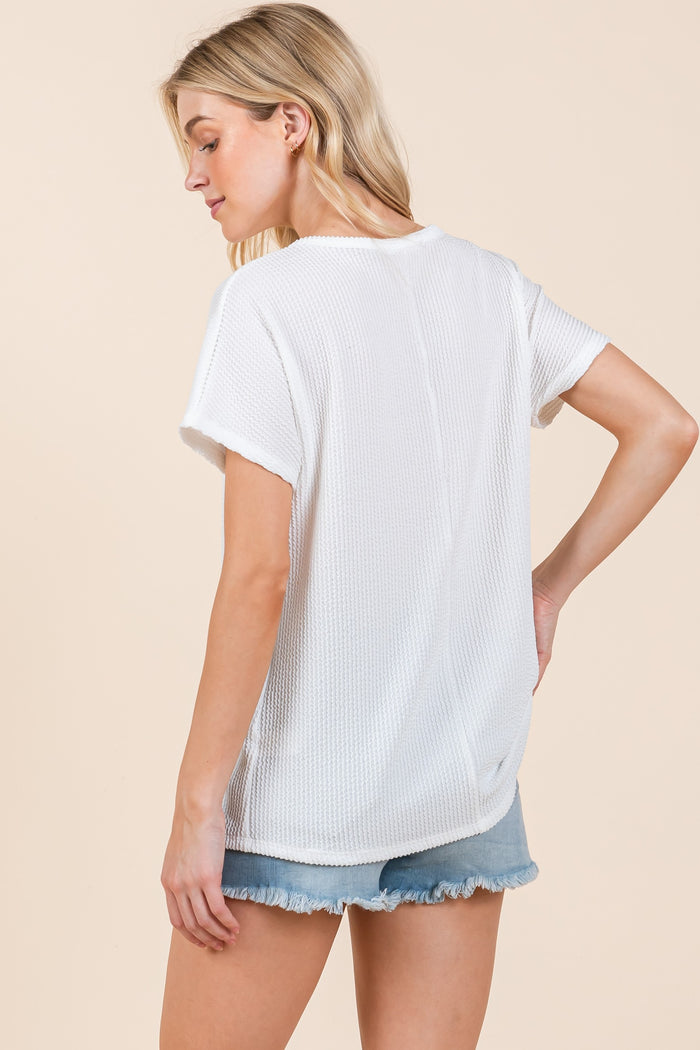 White Ribbed Notched Neckline Top